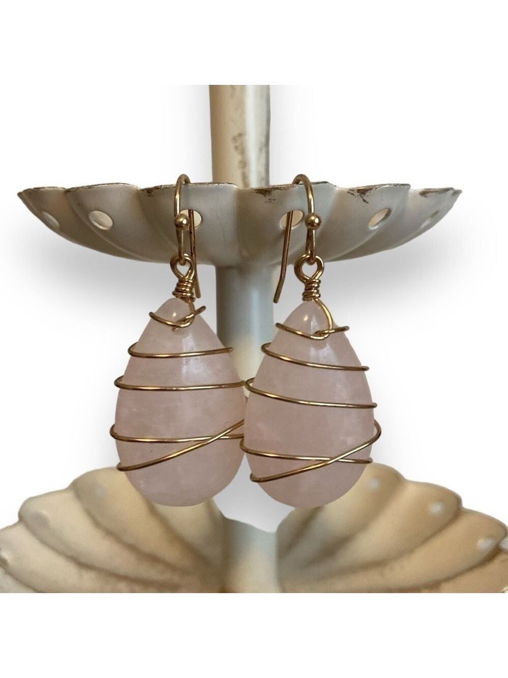 Rose Quartz Earrings Wire Wrapped Goldtone Pink